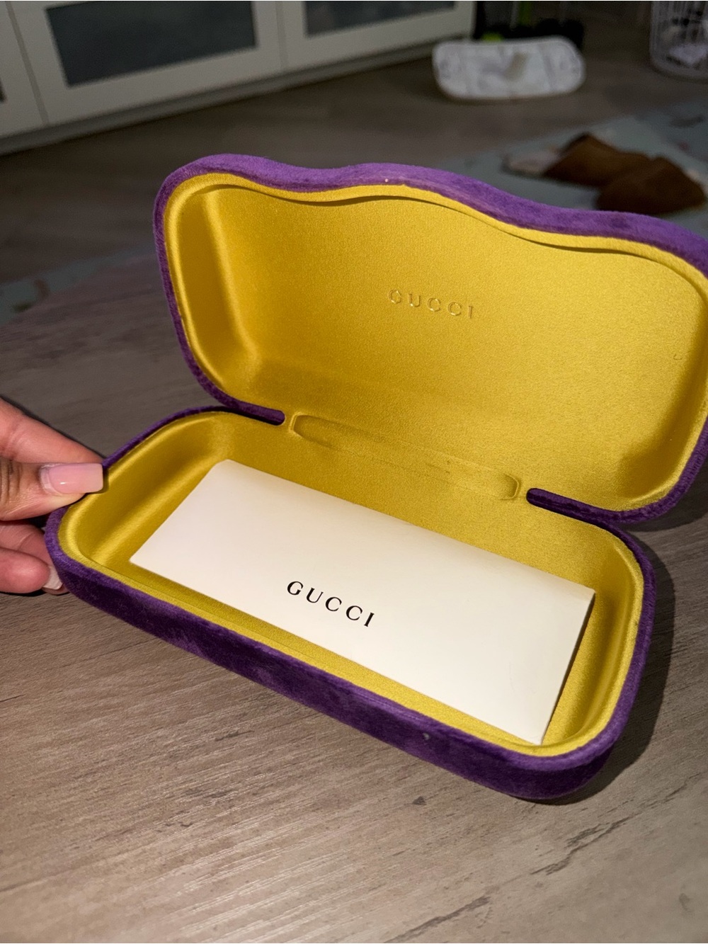 Gucci Purple Velvet Sunglasses Case with Yellow Interior (glasses not included)